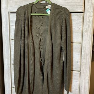Olive green cardigan. Laces up the back! Never worn! XXl